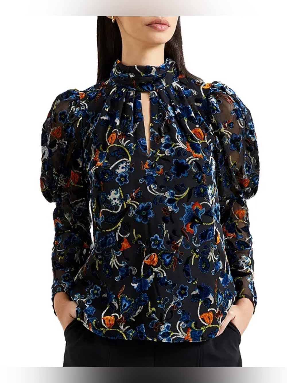 French Connection Avery Velvet Burnout Floral Mock Neck Blouse Size M